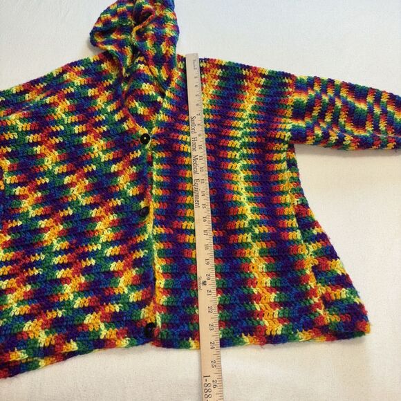 Vtg crochet Cardigan‎ Bold Colors Handmade Hooded Retro Artsy women’s SzM - Picture 9 of 10